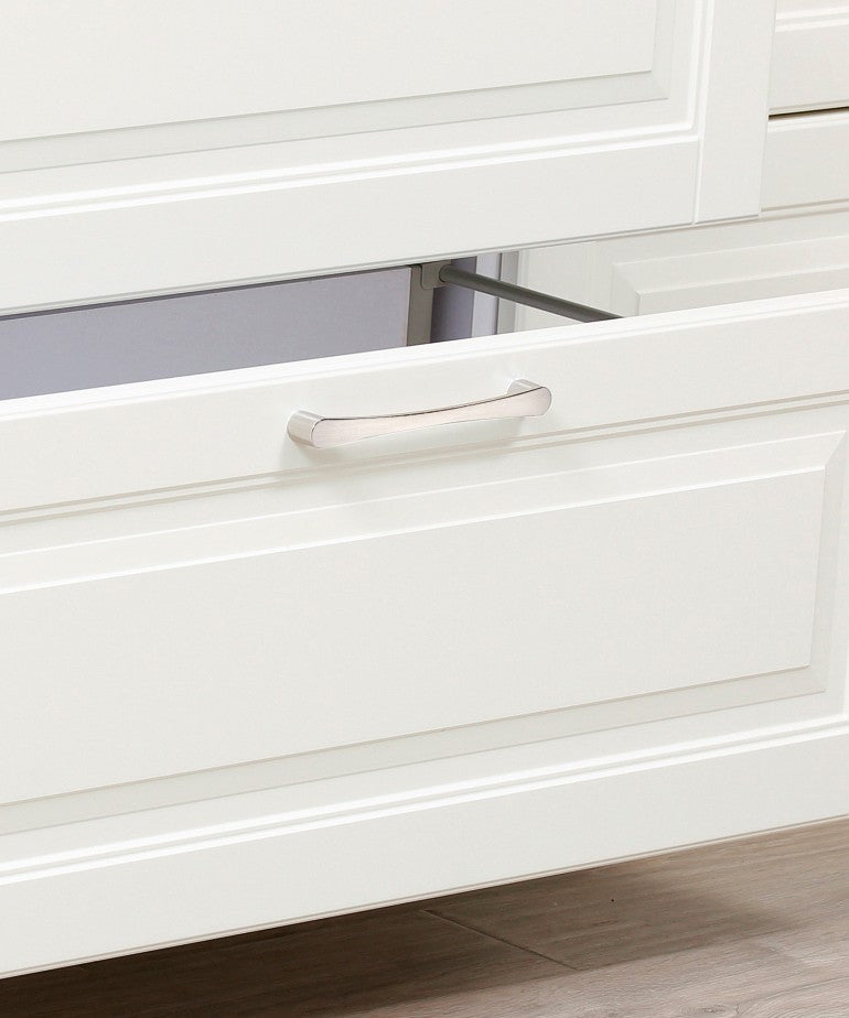 Curved Design Humber Brushed Nickel Kitchen Cabinet Handle Mounted on the White Drawer