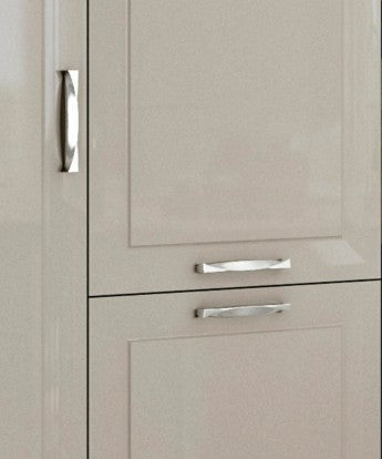 Non-traditional Creative Shaped Maryhill Handle Pull in Polished Chrome on White Kitchen Cabinet