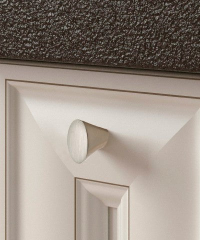 Non-traditional Creative Shaped Maryhill Brushed Nickel Kitchen Cabinet Knob Mounted on White Cabinet
