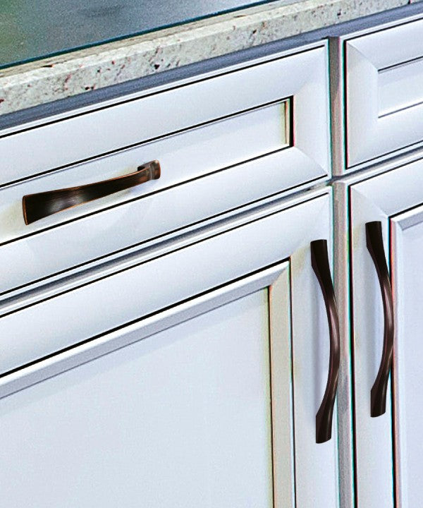 Preston Copper Kitchen Handle Pull Mounted on White Cabinet 