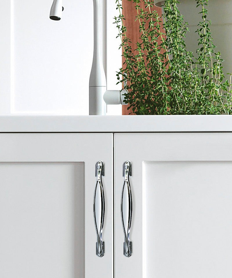  Classic Vintage Kitchen Hardware - Elora Polished Chrome Cabinet Handles on White Kitchen Cabinet