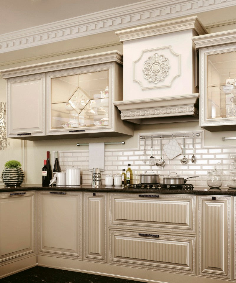 Stone Textured Square MESA Kitchen Hardware Mounted on Cream White Kitchen Cabinet