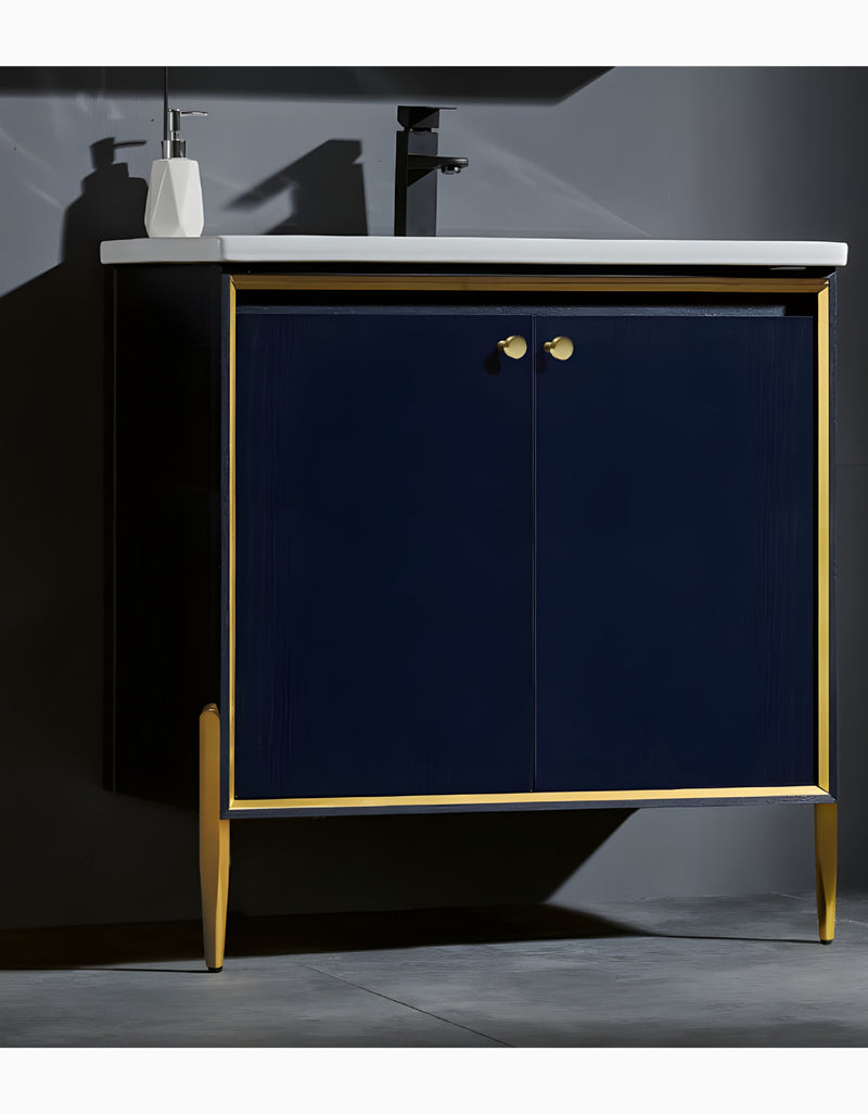Display of Contemporary Decorative Cabinet Furniture Legs 250 Brushed Brass Gold Installed on Bathroom Cabinet