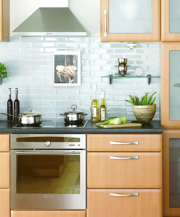 Minimalist Design Halton Kitchen Hardware - Brushed Nickel Installed on Wooden Cabinet