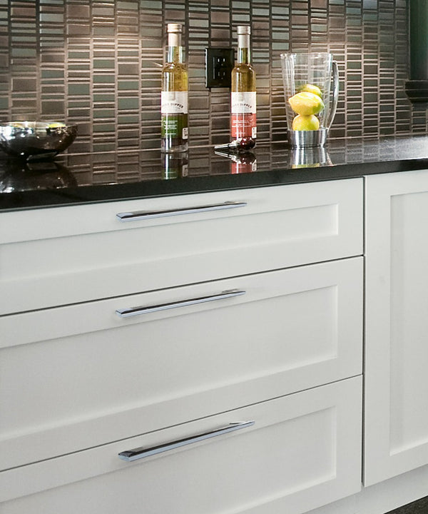 Willowdale Polished Chrome Cabinet Handles Mounted on White Kitchen Drawers