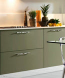 Non-traditional Creative Shaped Maryhill Handle Pull in Polished Chrome on Olive Kitchen Cabinet