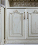 Southdale 4 Vintage Ceramic Kitchen Handle Pulls Mounted on Cream White Cabinet