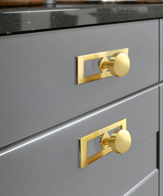 Display of Cliffside Brushed Brass Gold Cabinet Back Plate Pull