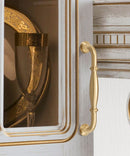 Vintage Rosemont Brushed Brass Gold Handle and Knob Mounted on Rustic Kitchen Cabinet 