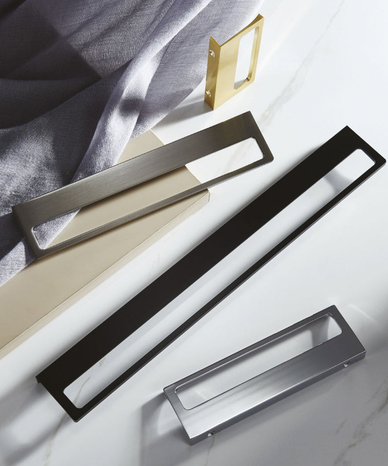 Display of Horizon Cabinet Edge Pull in Brushed Brass Gold, Brushed Black Stainless Steel, Matte Black and Polished Chrome