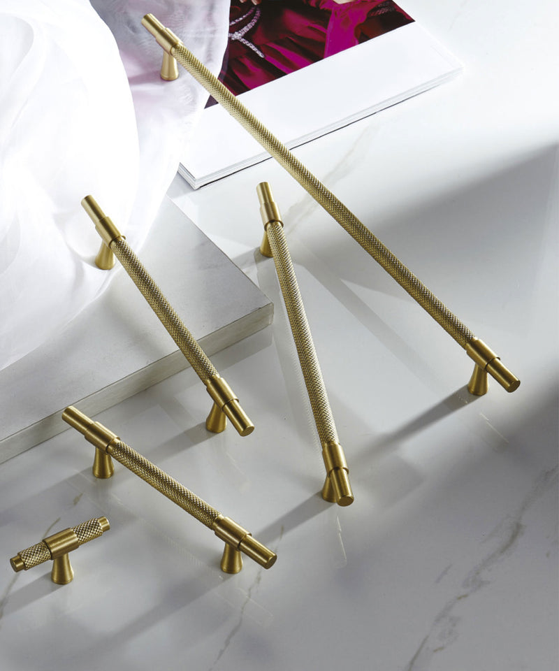 Display of Classy Riverdale Brass Textured Cabinet Handle Pull and T Knob in Brushed Brass Gold