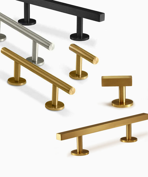 Display of Solid Brass Square Kitchen Cabinet Handles and Knobs in Brass Gold, Matte Black and Stain Nickel