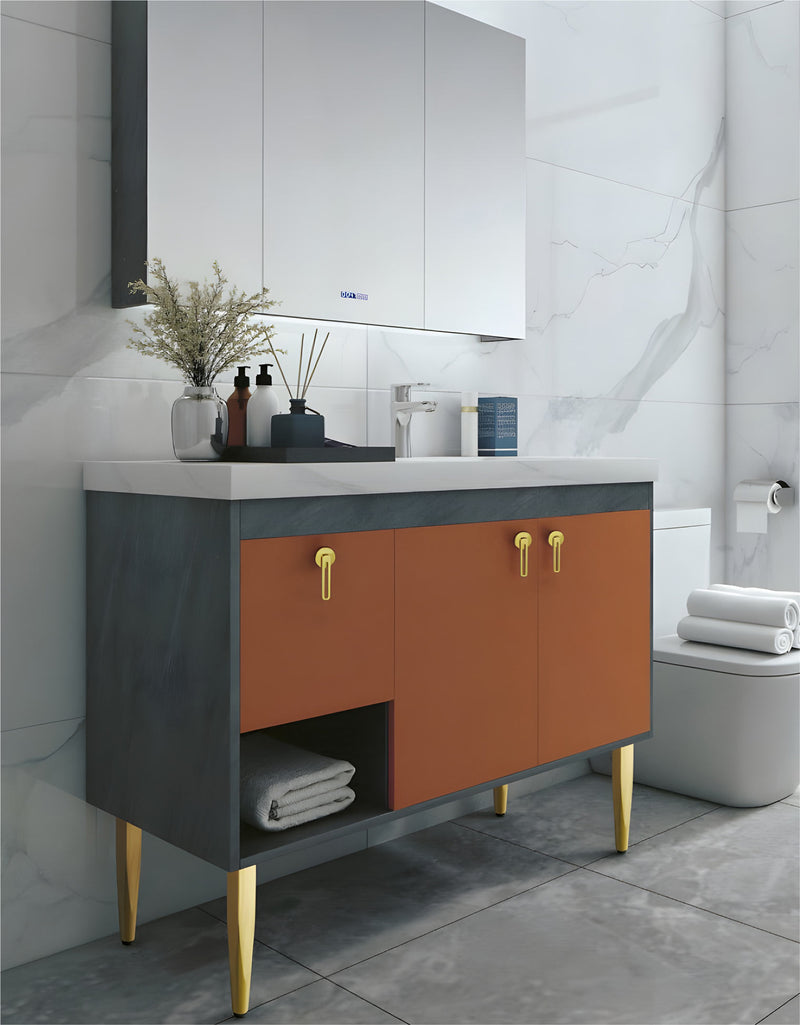 Display of Brushed Brass Gold Furniture Legs 150 installed on Washroom Cabinet