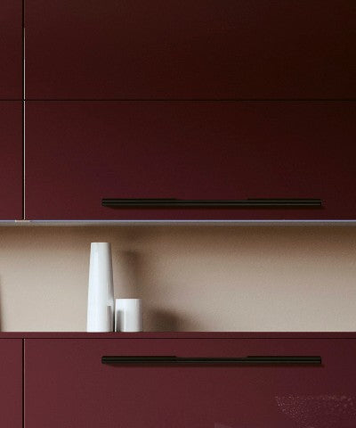 Matte Black Luxury Design Kleinburg Cabinet Pull and Handle Mounted on the Dark Brown Kitchen Cupboard Door