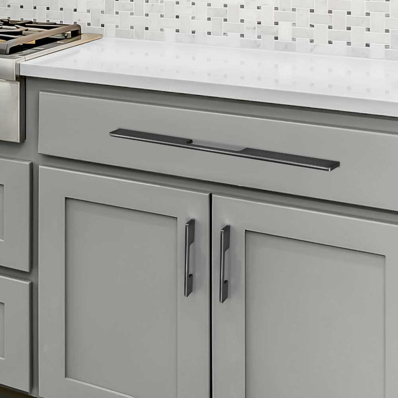 Matte Black Luxury Design Kleinburg Cabinet Pull and Handle Mounted on the Gray Kitchen Cabinet