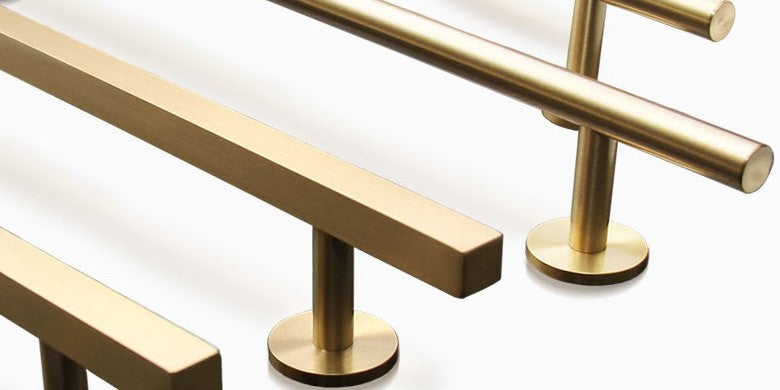Close up of Solid Brass Square and Round Cabinet Handle Pull in Brass Gold